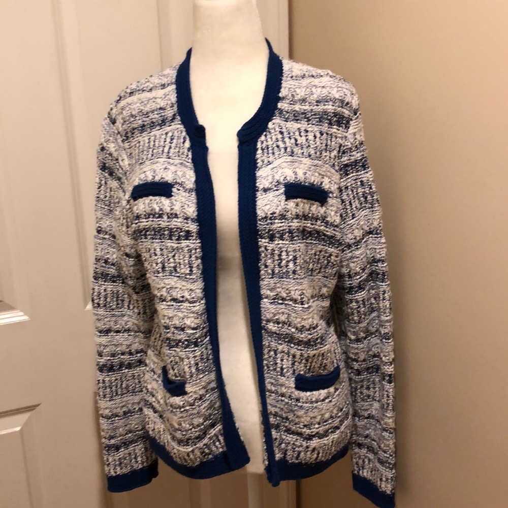 J McLaughlin size M white royal blue cardigan
